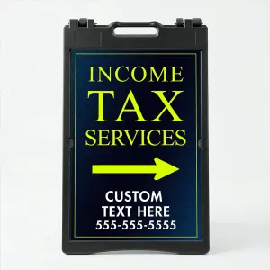Custom income tax services directional A-frame sign with navy background and lime yellow typography for Los Angeles tax preparer or CPA office
