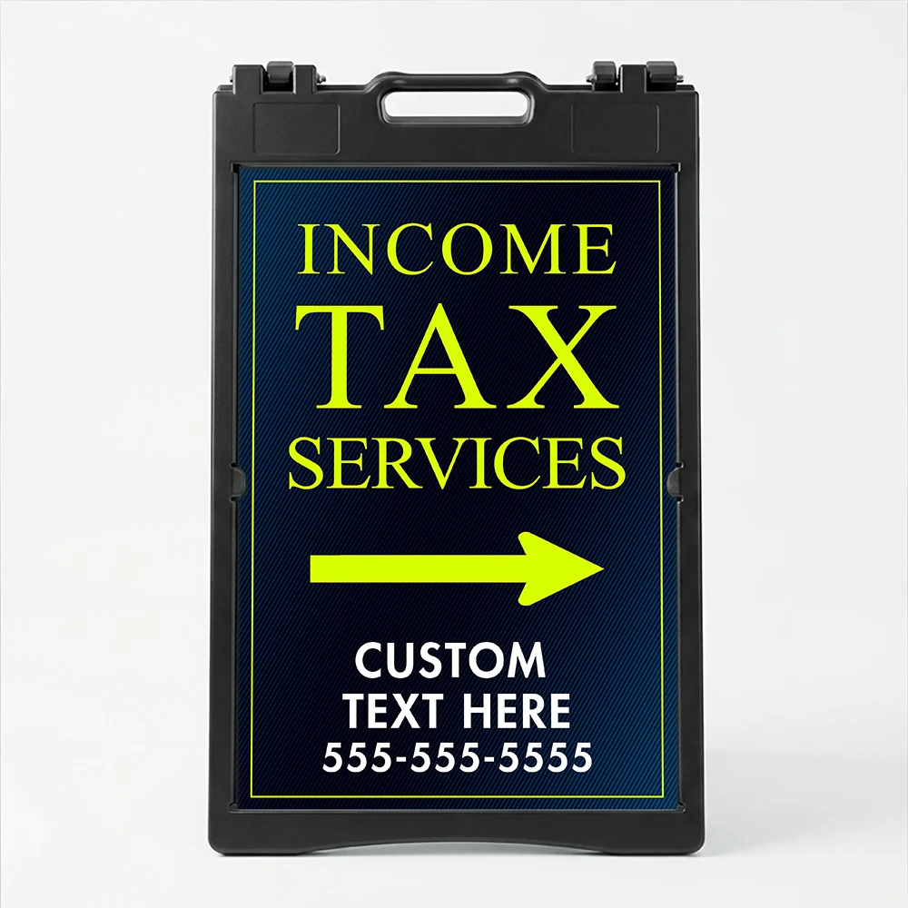 Custom income tax services directional A-frame sign with navy background and lime yellow typography for Los Angeles tax preparer or CPA office