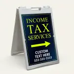 Custom income tax services directional A-frame sign with navy background and lime yellow typography for Los Angeles tax preparer or CPA office