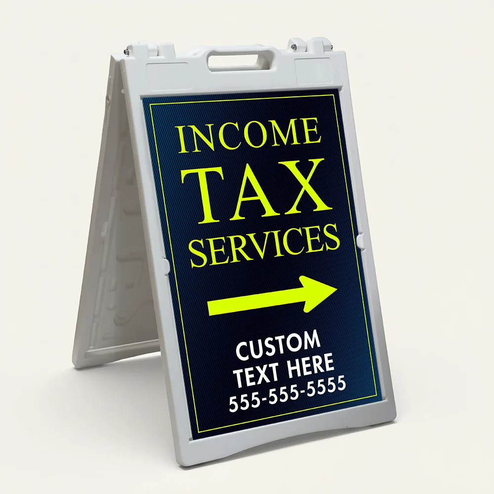 Custom income tax services directional A-frame sign with navy background and lime yellow typography for Los Angeles tax preparer or CPA office