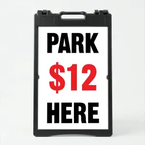 Custom park here rate A-frame sign with oversized black lettering and red price display on white background for Los Angeles parking lot or event facility