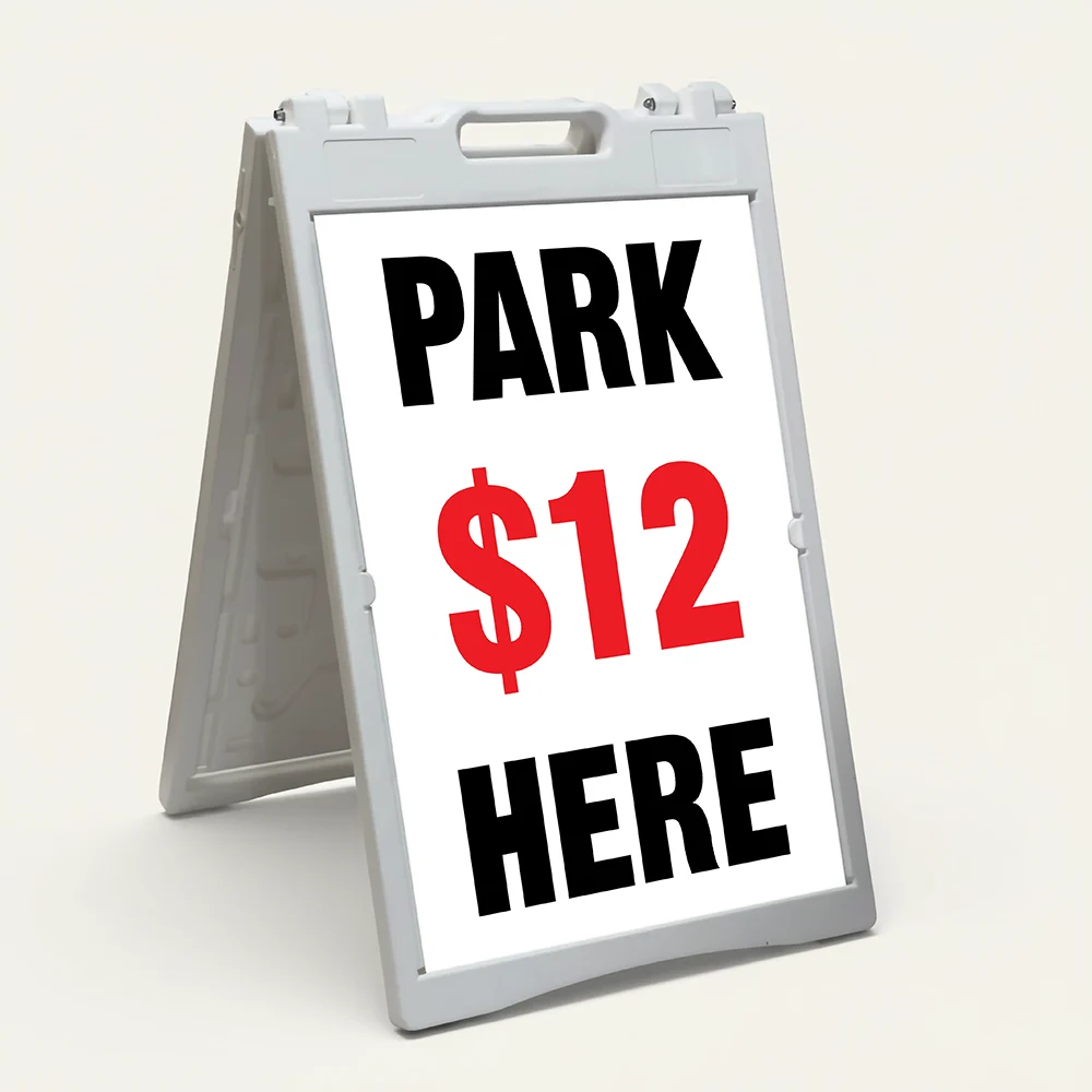 Custom park here rate A-frame sign with oversized black lettering and red price display on white background for Los Angeles parking lot or event facility