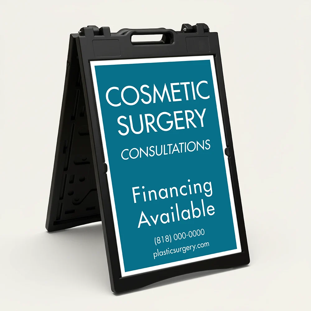 Custom full panel teal professional service A-frame sign with white border and flexible text layout for Los Angeles medical practice law firm or corporate office