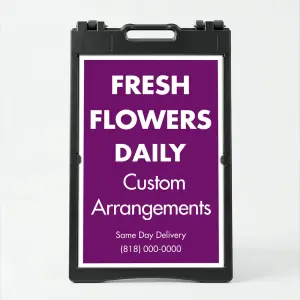 Custom full panel purple professional service A-frame sign with white border and flexible text layout for Los Angeles creative business wellness practice or retail store