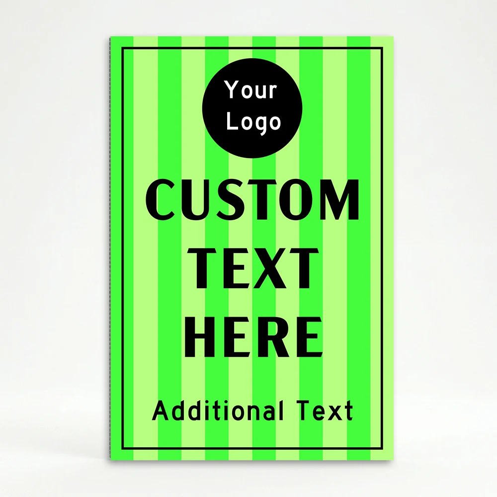 Custom logo stripe A-frame sign with lime green vertical stripe background and circular black logo badge for Los Angeles retail brand fitness business or event venue