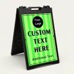 Custom logo stripe A-frame sign with lime green vertical stripe background and circular black logo badge for Los Angeles retail brand fitness business or event venue