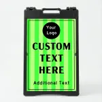 Custom logo stripe A-frame sign with lime green vertical stripe background and circular black logo badge for Los Angeles retail brand fitness business or event venue