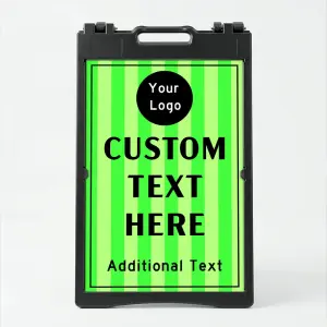 Custom logo stripe A-frame sign with lime green vertical stripe background and circular black logo badge for Los Angeles retail brand fitness business or event venue
