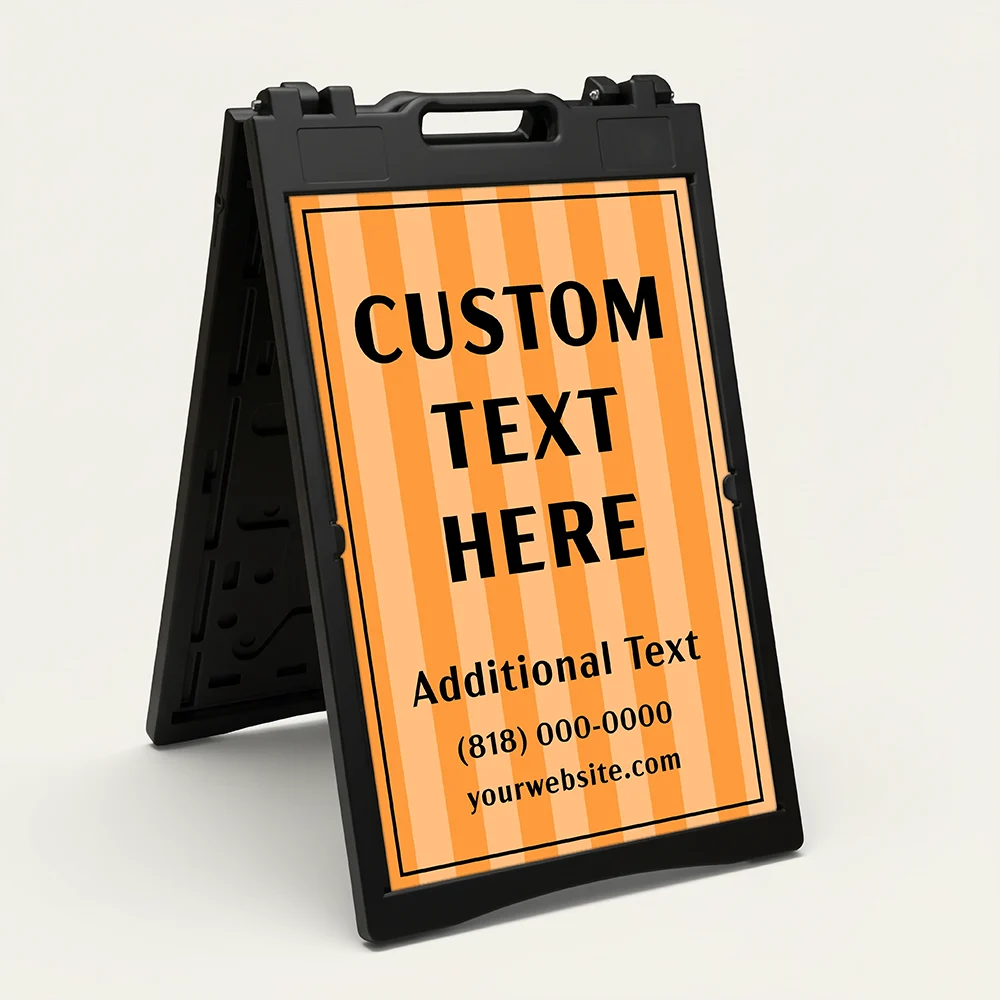 Custom text and contact stripe A-frame sign with orange vertical stripe background and black border frame for Los Angeles business or service provider