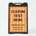 Custom text and contact stripe A-frame sign with orange vertical stripe background and black border frame for Los Angeles business or service provider