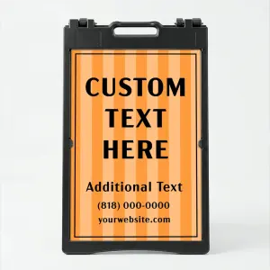 Custom text and contact stripe A-frame sign with orange vertical stripe background and black border frame for Los Angeles business or service provider