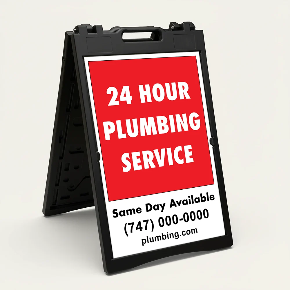 Custom message and contact A-frame sign with bold red upper section and white contact panel for Los Angeles service business restaurant or retail store