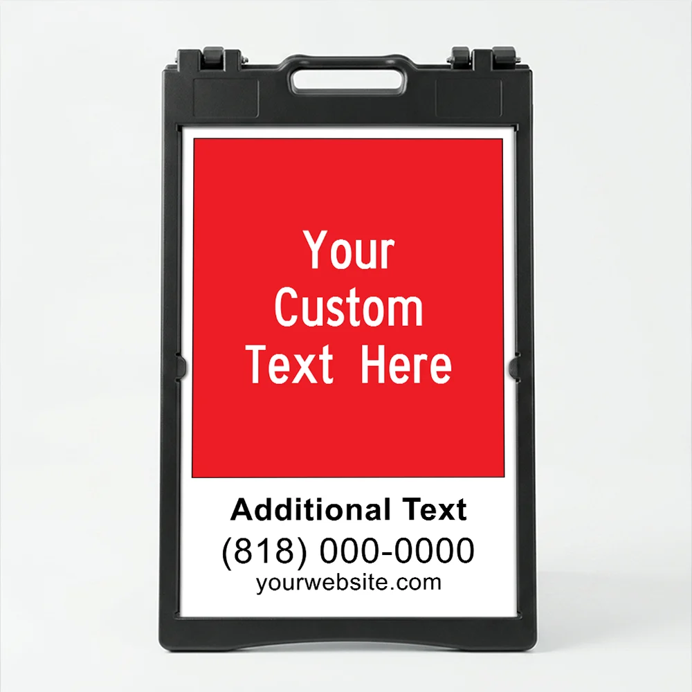 Custom message and contact A-frame sign with bold red upper section and white contact panel for Los Angeles service business restaurant or retail store