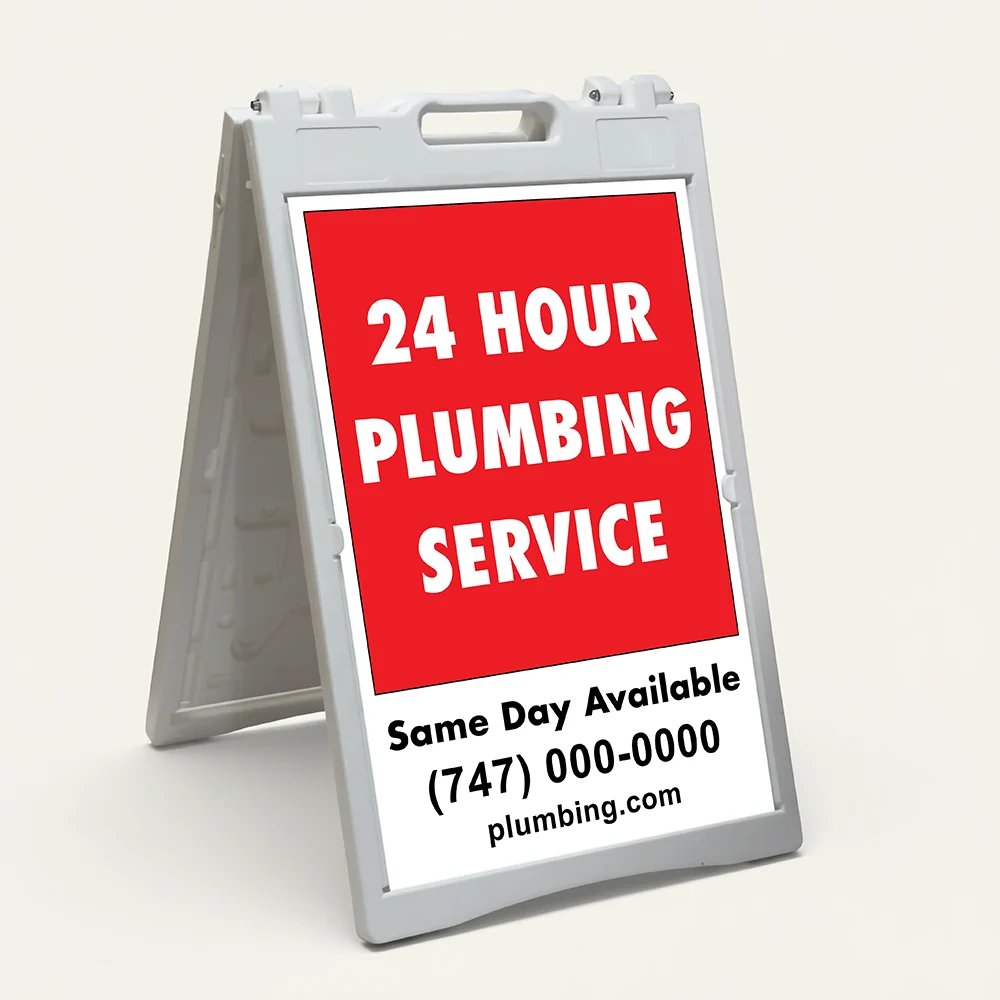 Custom message and contact A-frame sign with bold red upper section and white contact panel for Los Angeles service business restaurant or retail store