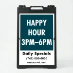 Custom message and contact A-frame sign with deep teal upper section and white contact panel for Los Angeles restaurant café or wellness center