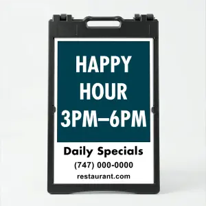 Custom message and contact A-frame sign with deep teal upper section and white contact panel for Los Angeles restaurant café or wellness center