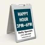Custom message and contact A-frame sign with deep teal upper section and white contact panel for Los Angeles restaurant café or wellness center