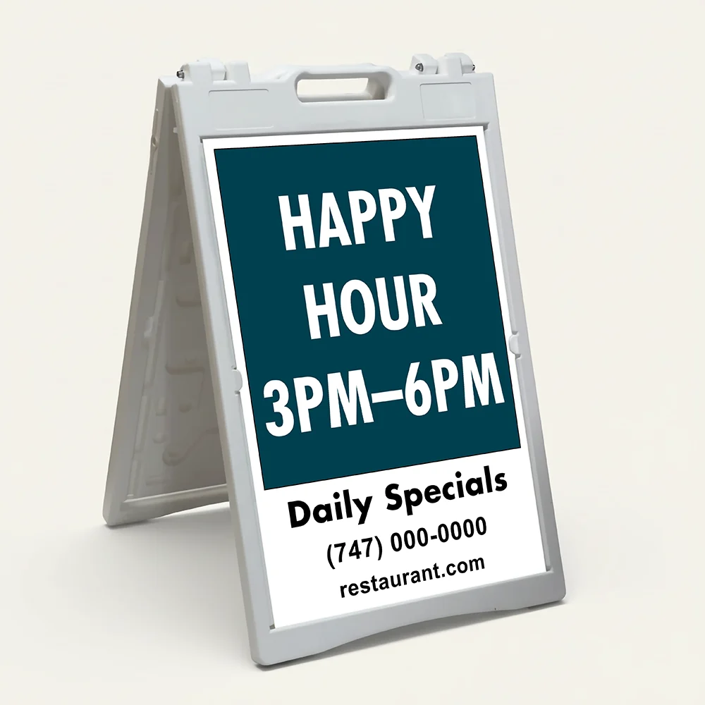 Custom message and contact A-frame sign with deep teal upper section and white contact panel for Los Angeles restaurant café or wellness center