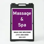 Custom message and contact A-frame sign with rich purple upper section and white contact panel for Los Angeles massage studio nail salon or yoga studio