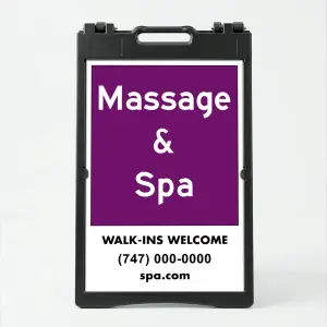 Custom message and contact A-frame sign with rich purple upper section and white contact panel for Los Angeles massage studio nail salon or yoga studio