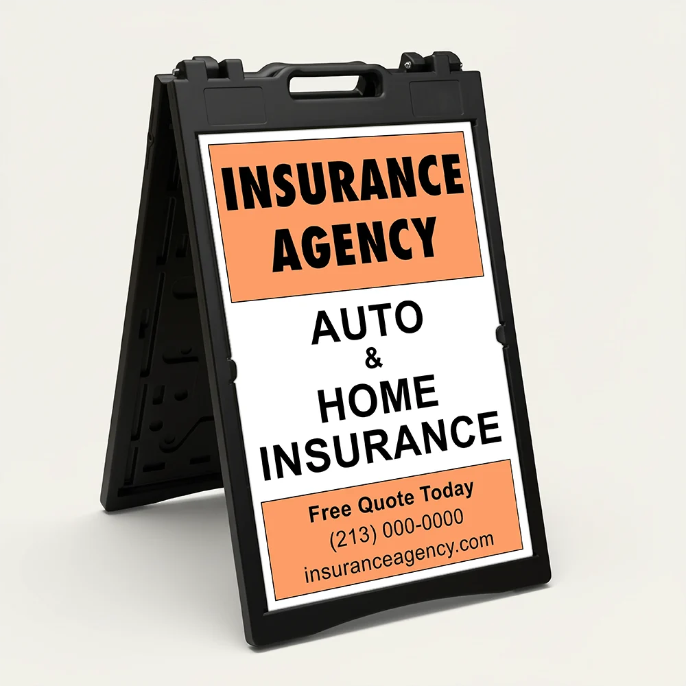 Custom logo and contact banner A-frame sign with orange top and bottom banners and white message center for Los Angeles service business or contractor