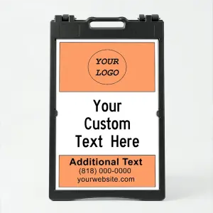 Custom logo and contact banner A-frame sign with orange top and bottom banners and white message center for Los Angeles service business or contractor