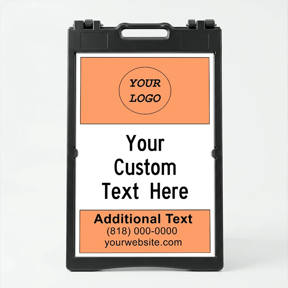 Custom logo and contact banner A-frame sign with orange top and bottom banners and white message center for Los Angeles service business or contractor