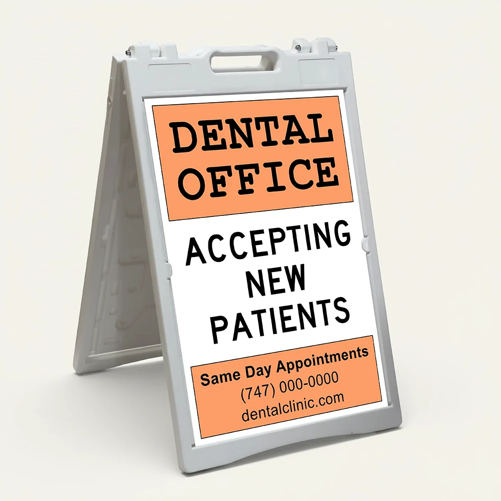 Custom logo and contact banner A-frame sign with orange top and bottom banners and white message center for Los Angeles service business or contractor