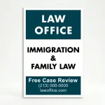 Custom logo and contact banner A-frame sign with teal top and bottom banners and white message center for Los Angeles medical office law firm or professional service