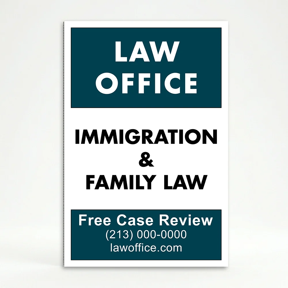 Custom logo and contact banner A-frame sign with teal top and bottom banners and white message center for Los Angeles medical office law firm or professional service