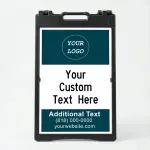 Custom logo and contact banner A-frame sign with teal top and bottom banners and white message center for Los Angeles medical office law firm or professional service
