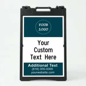 Custom logo and contact banner A-frame sign with teal top and bottom banners and white message center for Los Angeles medical office law firm or professional service
