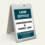 Custom logo and contact banner A-frame sign with teal top and bottom banners and white message center for Los Angeles medical office law firm or professional service
