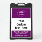Custom logo and contact banner A-frame sign with purple top and bottom banners and white message center for Los Angeles beauty salon yoga studio or creative business