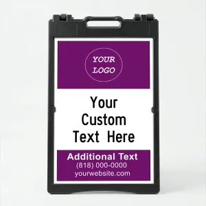 Custom logo and contact banner A-frame sign with purple top and bottom banners and white message center for Los Angeles beauty salon yoga studio or creative business