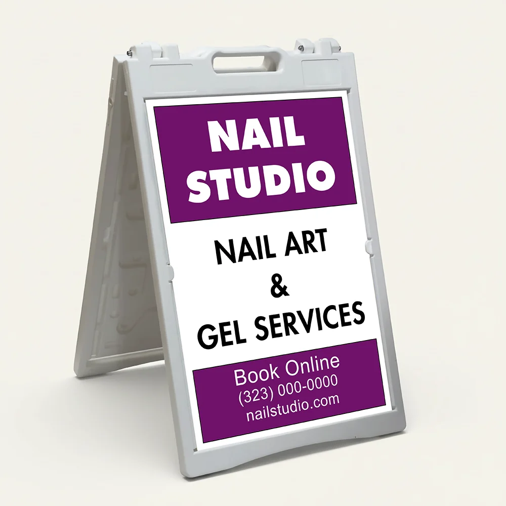 Custom logo and contact banner A-frame sign with purple top and bottom banners and white message center for Los Angeles beauty salon yoga studio or creative business