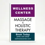 Custom logo and contact banner A-frame sign with purple top banner and teal bottom banner for Los Angeles creative agency wellness center or lifestyle boutique