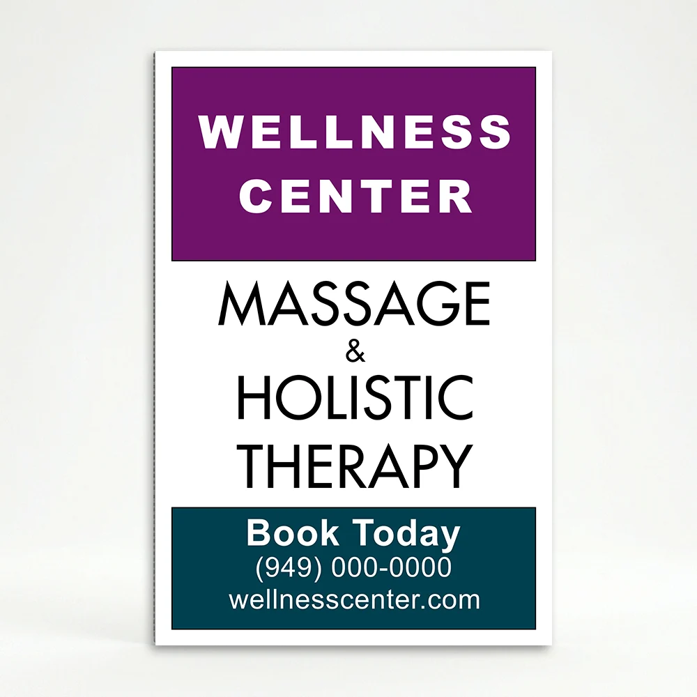 Custom logo and contact banner A-frame sign with purple top banner and teal bottom banner for Los Angeles creative agency wellness center or lifestyle boutique