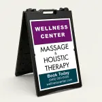 Custom logo and contact banner A-frame sign with purple top banner and teal bottom banner for Los Angeles creative agency wellness center or lifestyle boutique