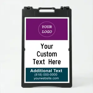 Custom logo and contact banner A-frame sign with purple top banner and teal bottom banner for Los Angeles creative agency wellness center or lifestyle boutique