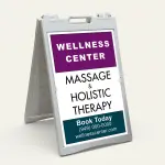 Custom logo and contact banner A-frame sign with purple top banner and teal bottom banner for Los Angeles creative agency wellness center or lifestyle boutique