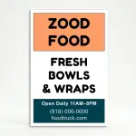Custom logo and contact banner A-frame sign with orange top banner and teal bottom banner for Los Angeles food business fitness studio or lifestyle brand
