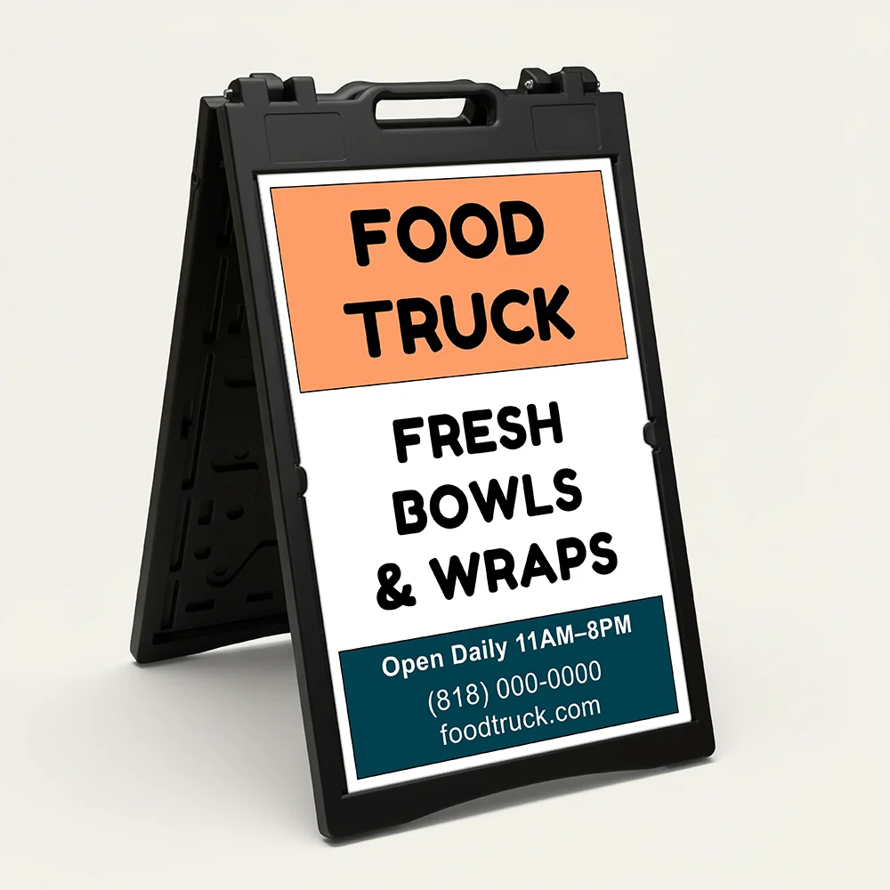 Custom logo and contact banner A-frame sign with orange top banner and teal bottom banner for Los Angeles food business fitness studio or lifestyle brand