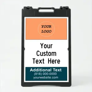 Custom logo and contact banner A-frame sign with orange top banner and teal bottom banner for Los Angeles food business fitness studio or lifestyle brand