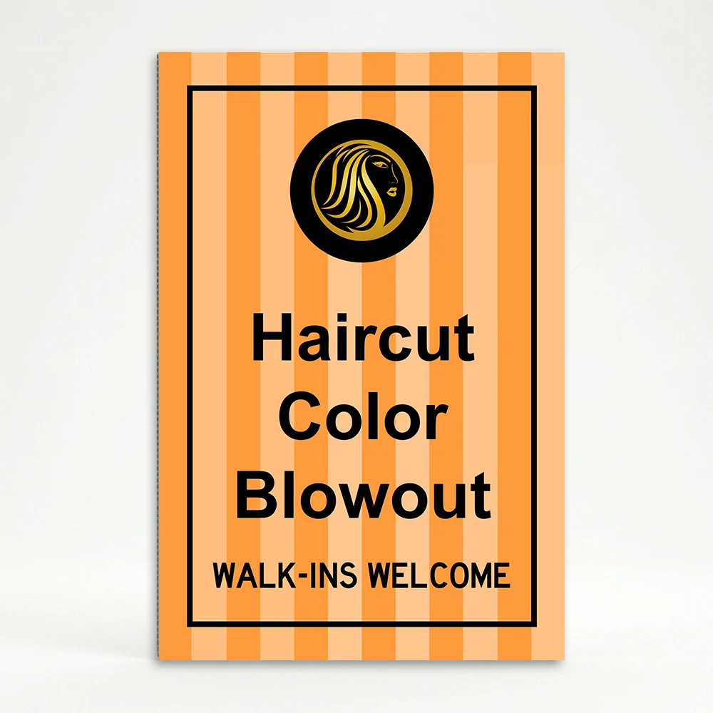 Custom logo stripe background A-frame sign with orange vertical stripes and circular logo badge for Los Angeles food truck boutique or entertainment venue