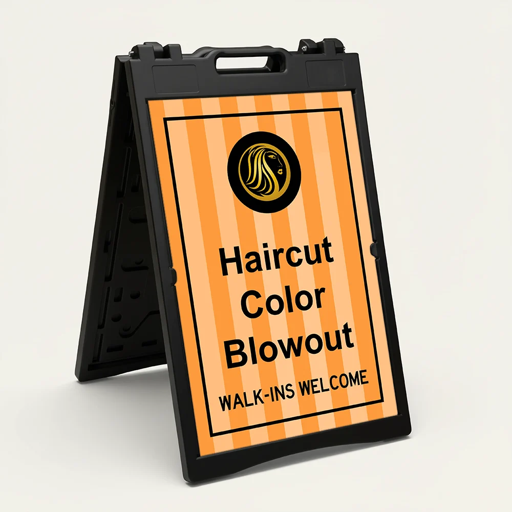 Custom logo stripe background A-frame sign with orange vertical stripes and circular logo badge for Los Angeles food truck boutique or entertainment venue