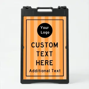 Custom logo stripe background A-frame sign with orange vertical stripes and circular logo badge for Los Angeles food truck boutique or entertainment venue
