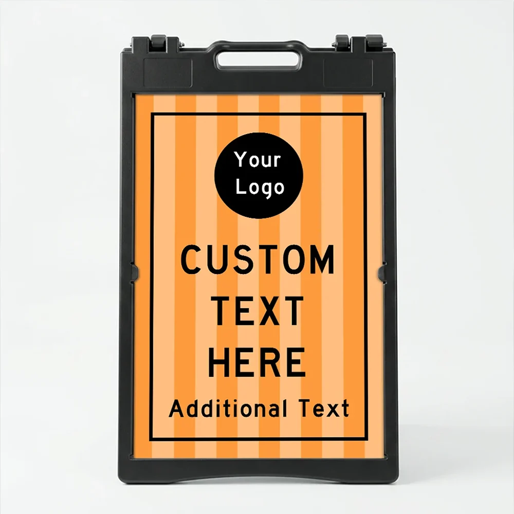 Custom logo stripe background A-frame sign with orange vertical stripes and circular logo badge for Los Angeles food truck boutique or entertainment venue