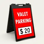 Custom valet parking rate sign with bold red background and white price box for Los Angeles restaurant or hotel entrance