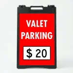 Custom valet parking rate sign with bold red background and white price box for Los Angeles restaurant or hotel entrance